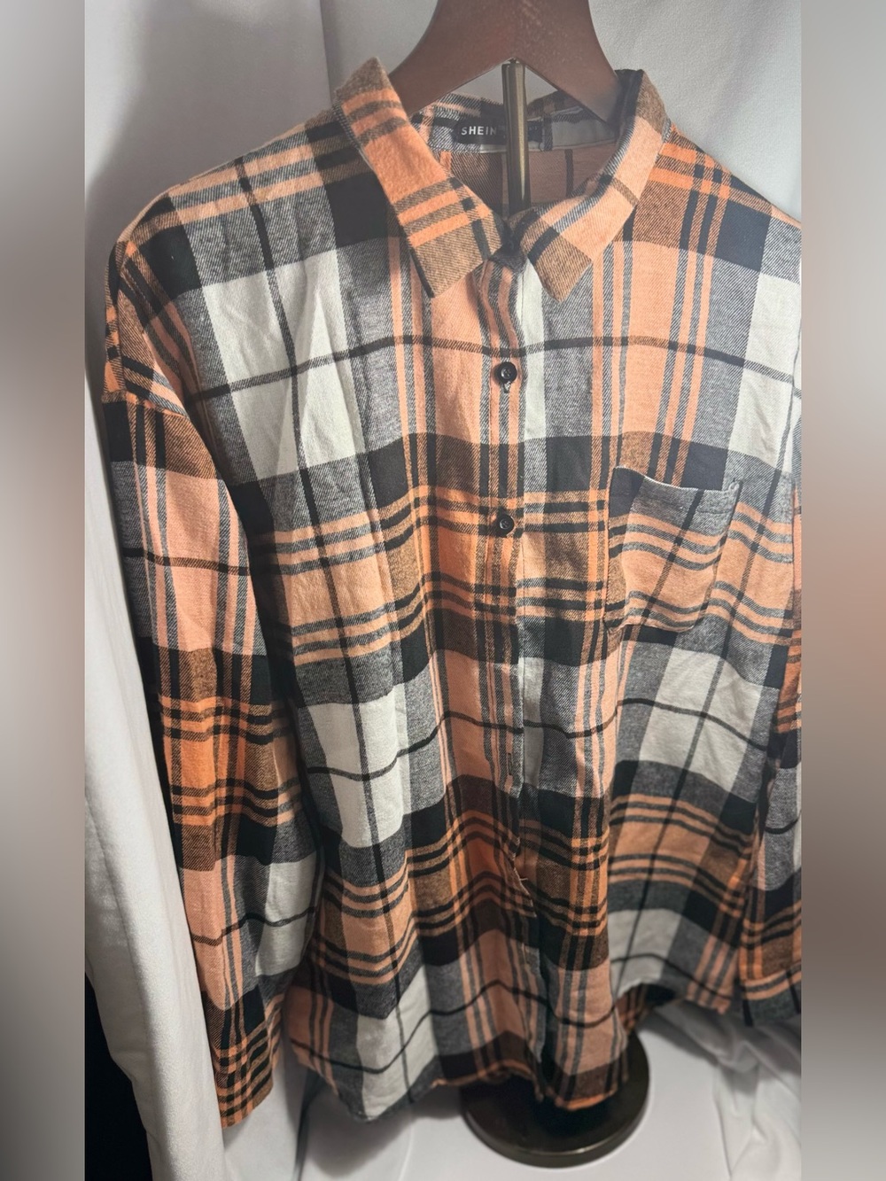 SHEIN Orange Black White Plaid Button-Down Shirt-Women’s Large
